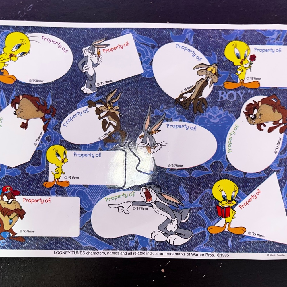 Vintage Sticker‎ Sheet 1995 Looney Tunes “Property Of” Bugs Bunny Taz Tweety